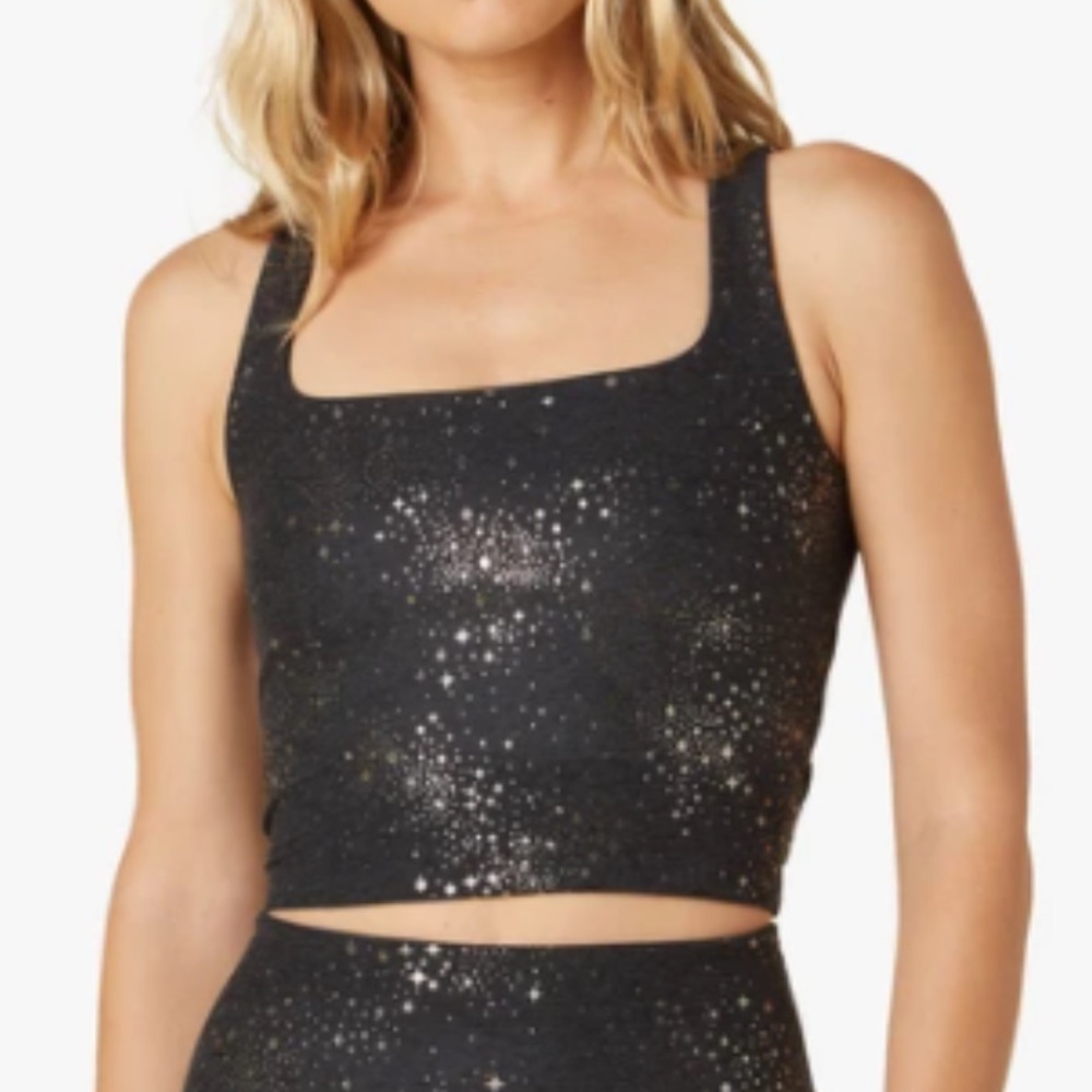 Beyond Yoga Lucky Stars Square Neck Cropped Tank Black Gold Foil Shelf Bra-XL